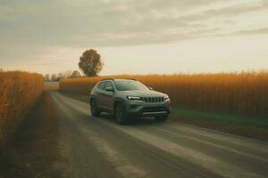 a gray suv is parked on a road in front of a fiel photo