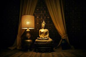 a golden buddha statue sits in front of a golden photo