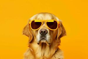 a golden retriever dog wearing sunglasses on a ye photo
