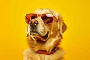 a golden retriever dog wearing sunglasses on a ye photo
