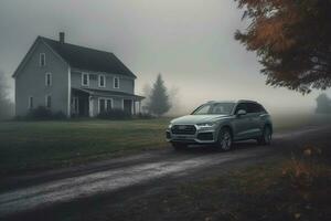 a gray suv is parked on a road in front of a fiel photo