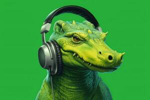 a green crocodile with headphones on it photo