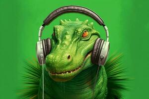 a green crocodile with headphones on it photo