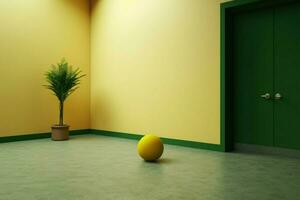 a green room with a plant in the corner and a yello photo