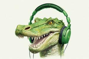 a green crocodile with headphones on it photo