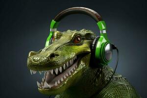 a green crocodile with headphones on it photo