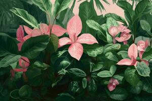 a green plant with pink flowers on it photo
