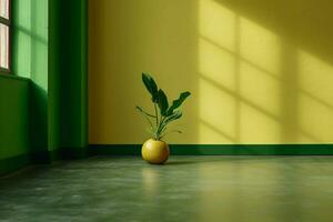 a green room with a plant in the corner and a yel photo