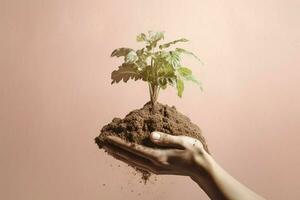 un mano participación un pila de suelo con un planta crecer en foto