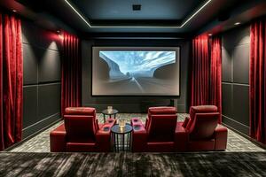 a home theater with a red chair and a large screen photo