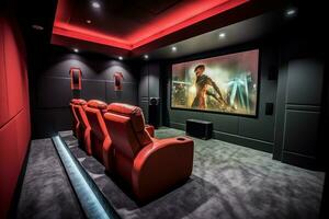 a home theater with a red chair and a large scree photo