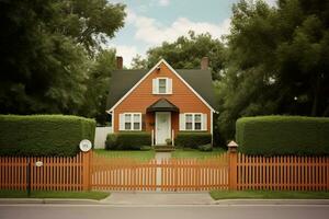 a house with a garage and a fence in front of it photo