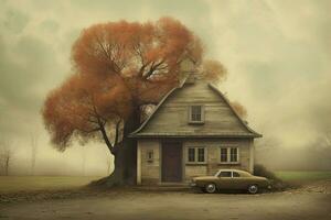 a house with a garage and a tree in the background photo