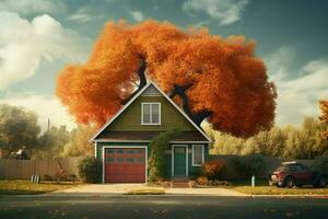 a house with a garage and a tree in the background photo