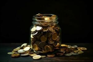 a jar of gold coins is on a table with a dark backg photo