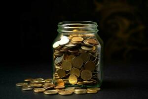 a jar of gold coins is on a table with a dark backg photo