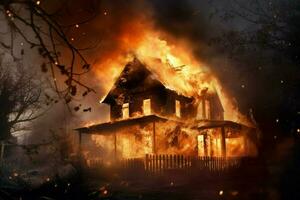 a house is burning in the night with the word fir photo