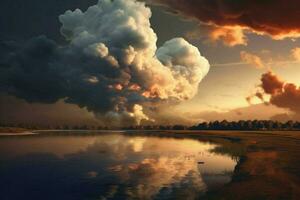 un paisaje con un lago y nubes y un puesta de sol foto