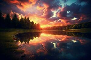 a landscape with a lake and clouds and a sunset photo