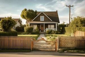 a house with a garage and a fence in front of it photo