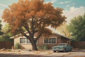 a house with a garage and a tree in the backgroun photo