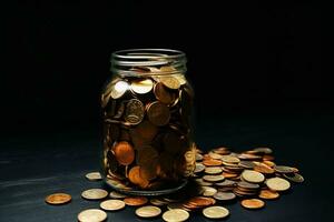 a jar of gold coins is on a table with a dark bac photo