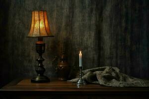 a lamp and a candle are next to a lamp that is on photo