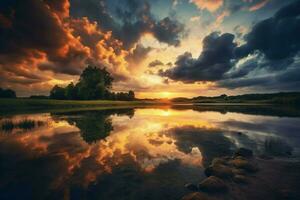 a landscape with a lake and clouds and a sunset photo