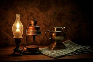 a lamp and a candle are next to a lamp that is on photo