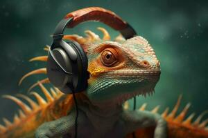 a lizard with headphones on his head photo