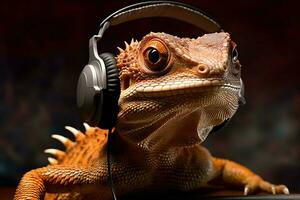 a lizard with headphones on his head photo