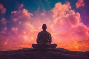 a man meditating in front of a colorful sky photo