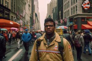 a man in a jacket with the name ghostbusters on i photo