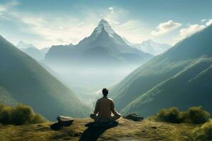 a man meditating in front of a mountain landscape photo