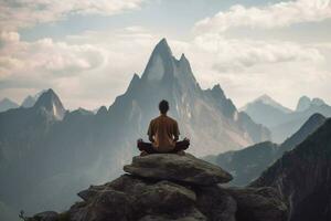 a man meditating in front of a mountain landscape photo