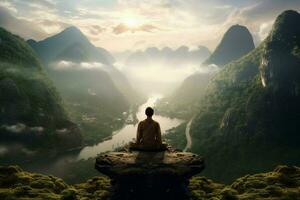 un hombre meditando en frente de un montaña paisaje foto