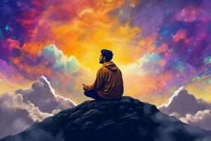 a man meditating in front of a colorful sky photo