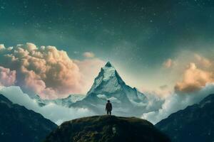 a man stands in front of a mountain with a sky back photo