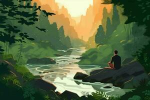 a man sits in a forest river surrounded by lush n photo