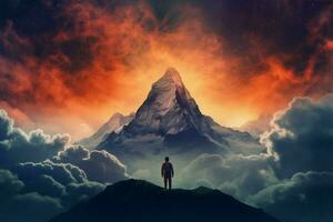 a man stands in front of a mountain with a sky back photo