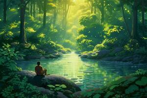 a man sits in a forest river surrounded by lush n photo