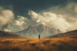 a man stands in front of a mountain with a sky ba photo