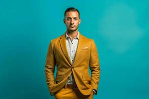 a man wearing a brown blazer and a yellow shirt s photo