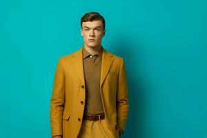 a man wearing a brown blazer and a yellow shirt s photo