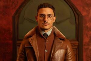 un hombre vistiendo un marrón chaqueta y lentes foto