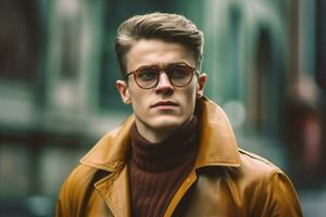 a man wearing a brown jacket and glasses photo