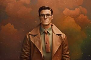 a man wearing glasses and a brown coat with the w photo