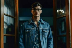 a man wearing glasses stands in front of a window photo