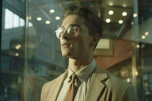 a man wearing glasses in front of a window that s photo