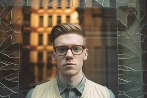 a man wearing glasses in front of a window that s photo